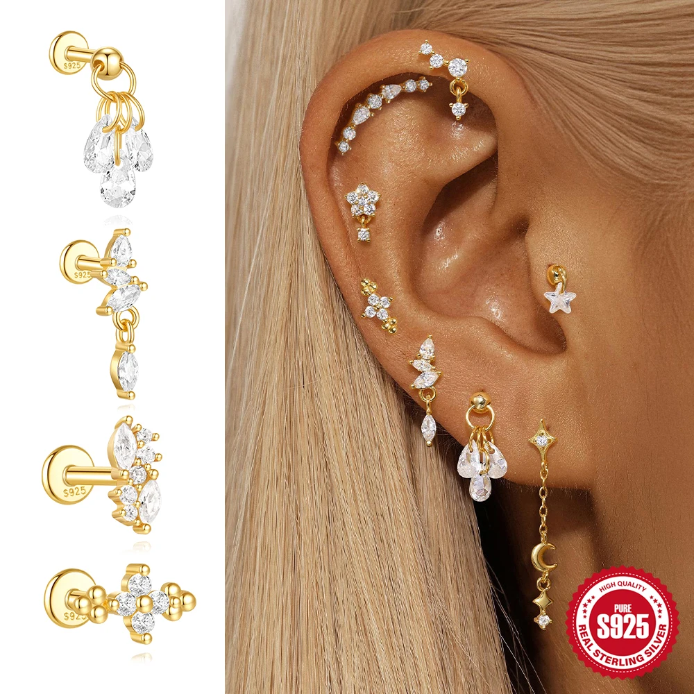 CANNER 1 Stück Lotus Zirkon Ohrstecker für Frauen Knorpel Spirale Punktion Ohrring 925 Silber 18 Karat Gold Ins Edlen Schmuck Geschenke