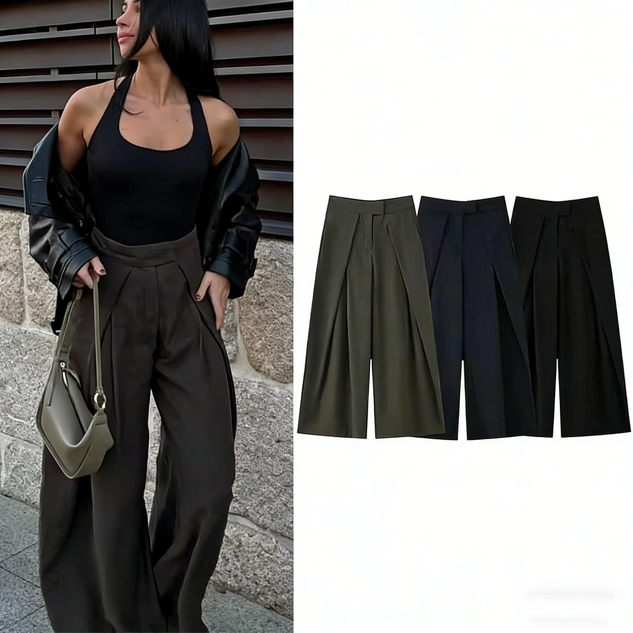 Mode Armee Grün Lose Breite Bein Hosen Frauen Casual Zip-up Tasche Gefaltete Lange Hosen High Street Chic Lange hosen 2026 Neue
