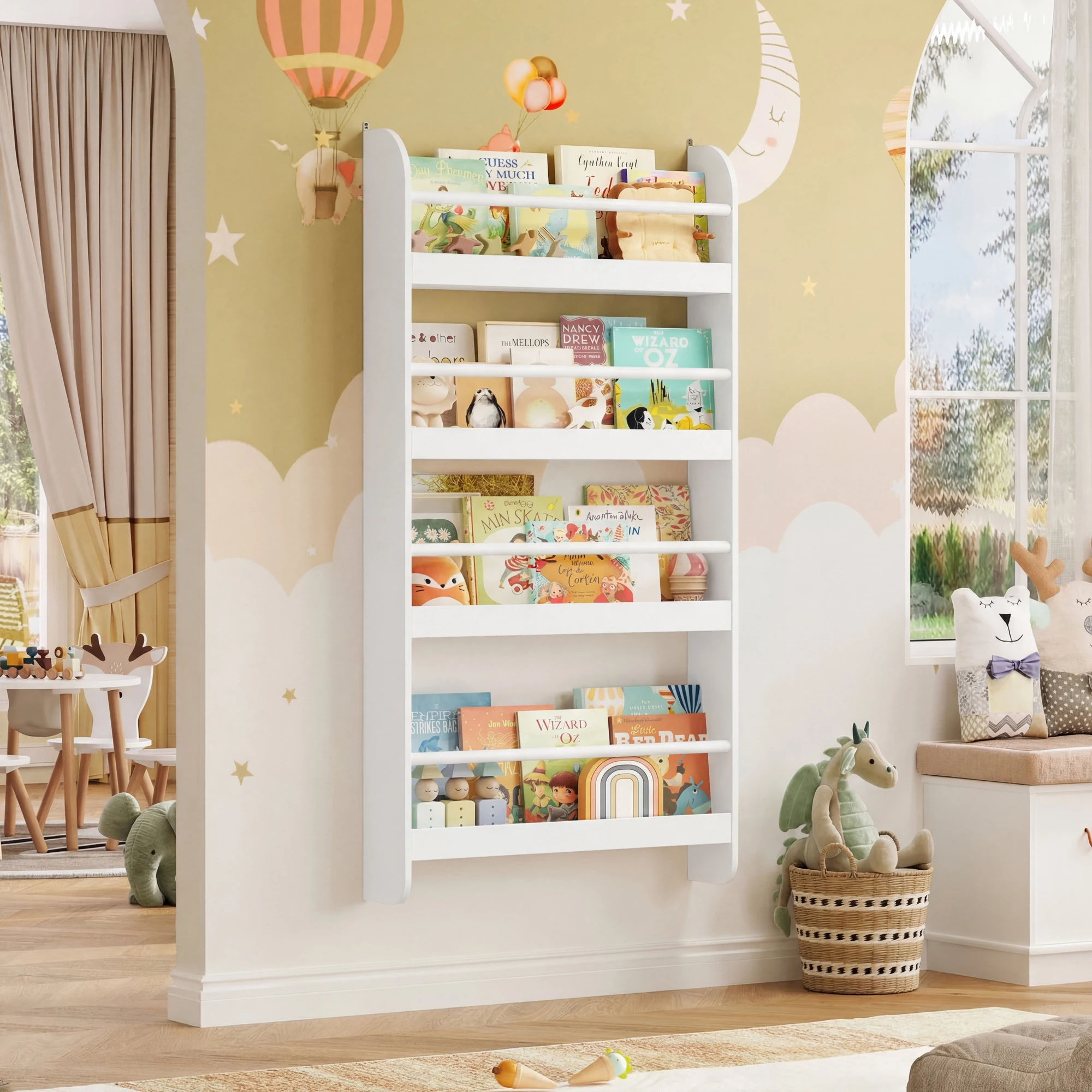Getone Bücherregal Kinderregal Bücherregal Wand Bücherregal Kinder mit 4 Ablagen kinderregal Wandregal 113x59x12 cm weiß