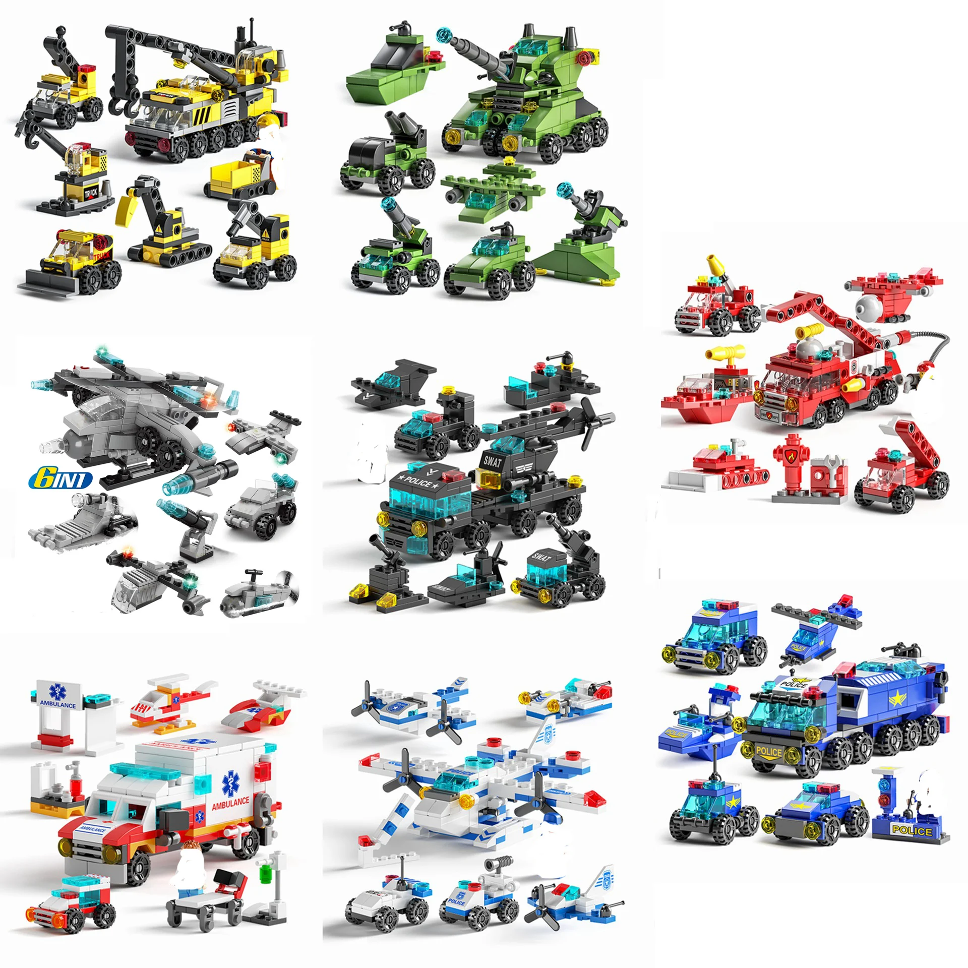 Mini-Bausteine, 6-in-1, DIY-Polizeiauto, Feuerwehrauto, Schloss, Modellsteine, Kinder, Lernspielzeug, Geschenke Image