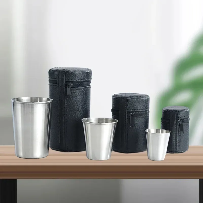 2025 4 Stück Outdoor-Reise-Edelstahlbecher, Mini-Gläser für Whisky, Wein mit Koffer, tragbares Trinkgeschirr, 30 ml/70 ml/170 ml Image