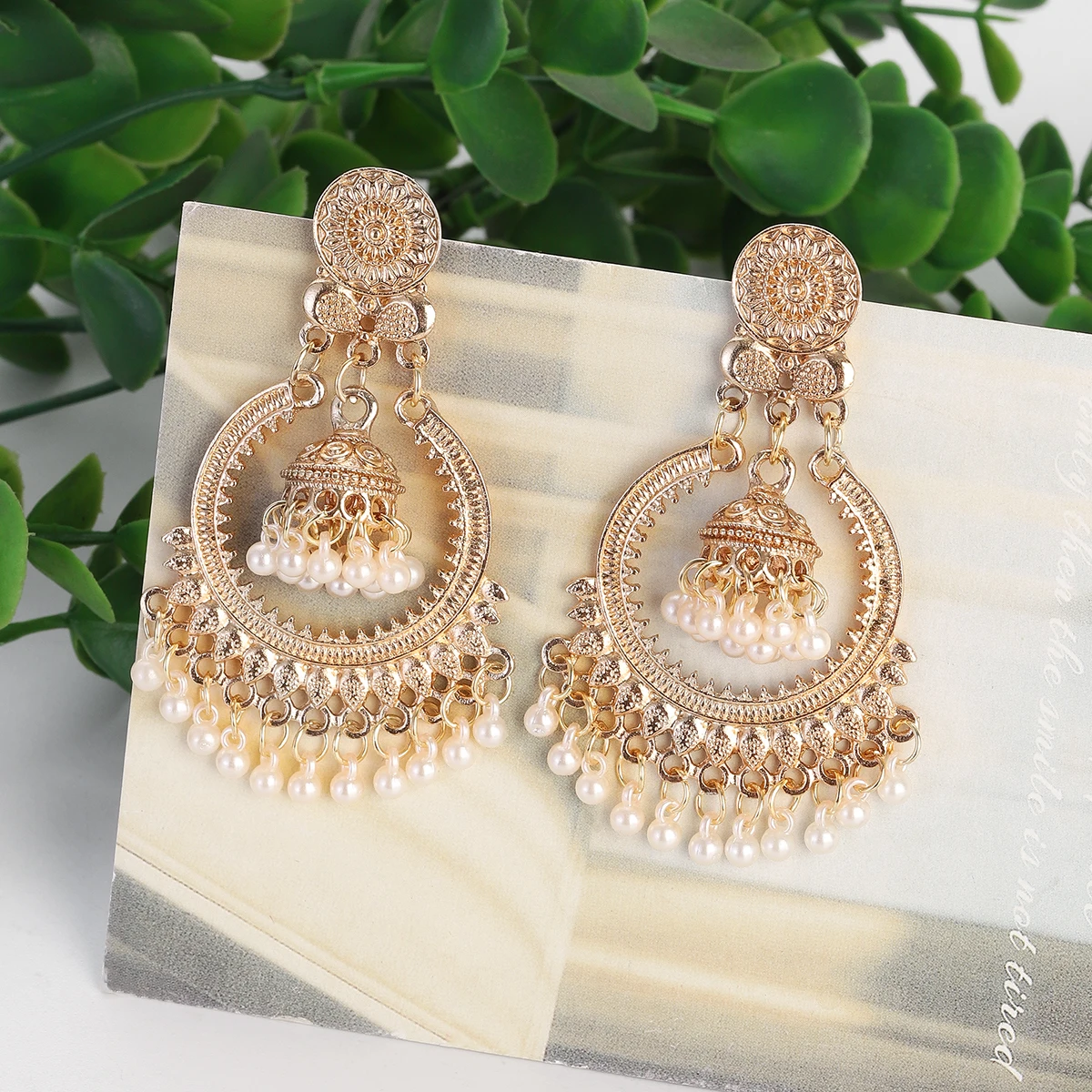 Klassische Vintage Gold Farbe Runde Baumeln Ohrringe frauen Böhmischen Blume Glocken Perle Quaste Ohrringe Jhumka Indischen Schmuck Image