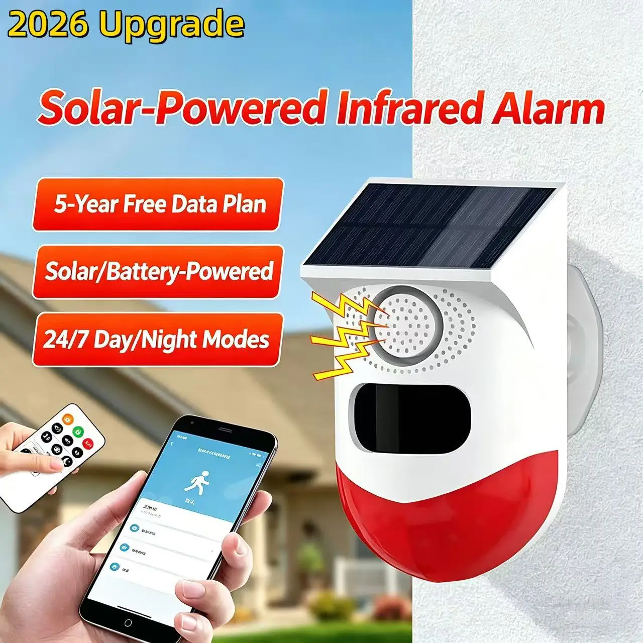 WLAN Solar Außen-Bewegungsmelder-Alarm: Tuya Solar-Stroboskop-Alarmleuchte mit Bewegungssensor-Sirene, 100dB Sicherheitssirene App-Alarm