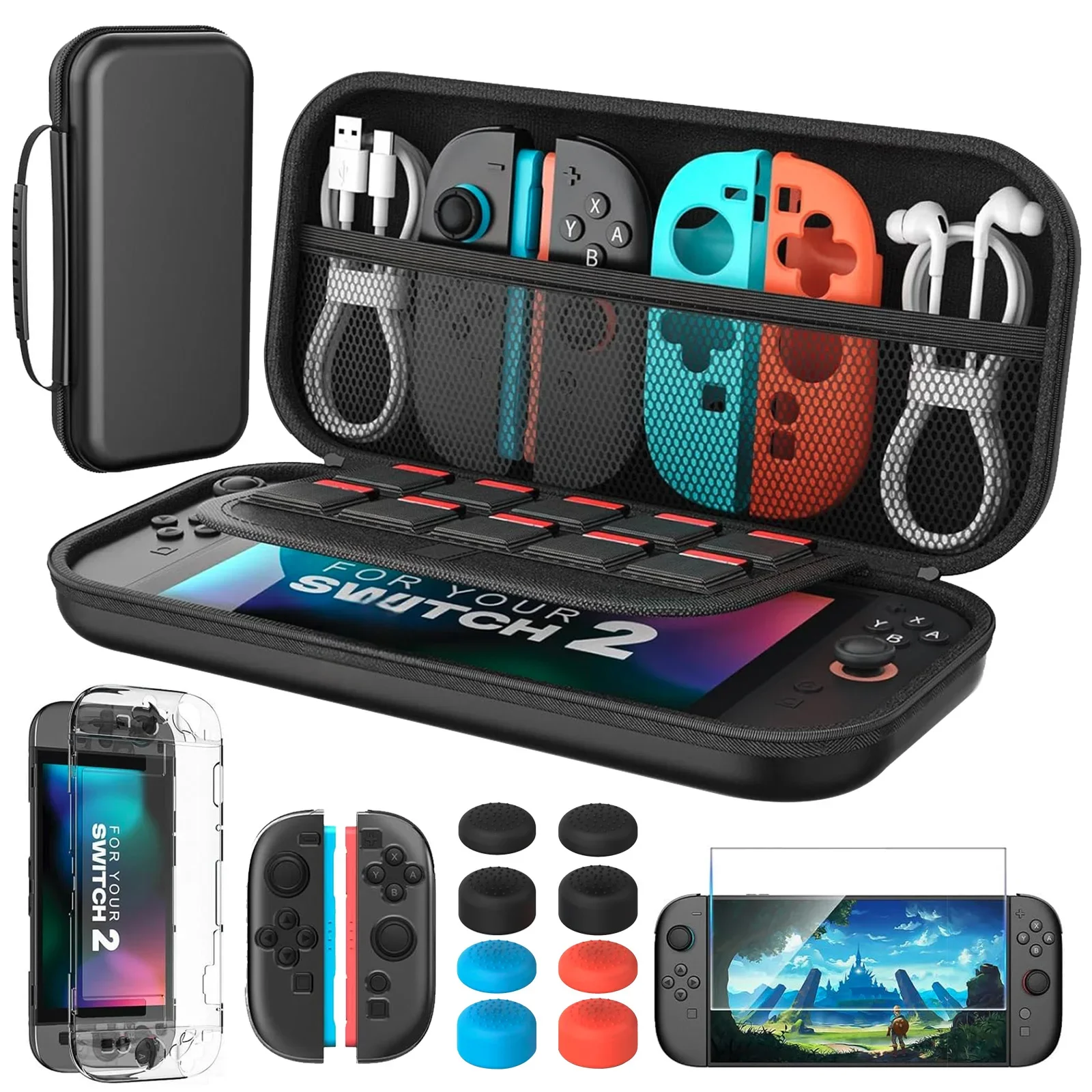 Zubehörset für Nintendo Switch 2 (2025), Tragetasche, Displayschutzfolie, Daumengriffe, Schutzhülle für Switch 2 Bundle Image
