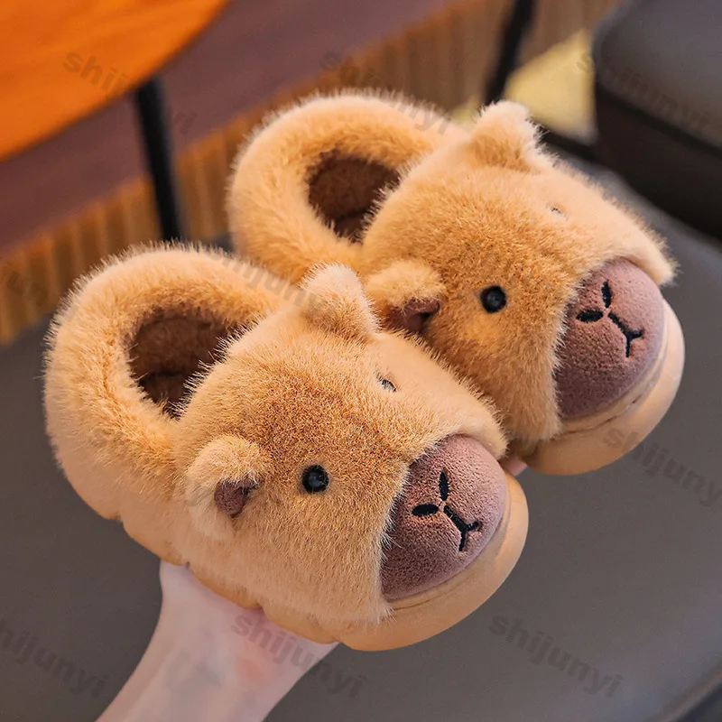 Capybara Kinder Warme Schuhe Winter Mode Niedlichen Flauschigen Baumwolle Boden Schuhe Frau Warme Innen Cartoon Plüsch Boden Hause Hausschuhe Image