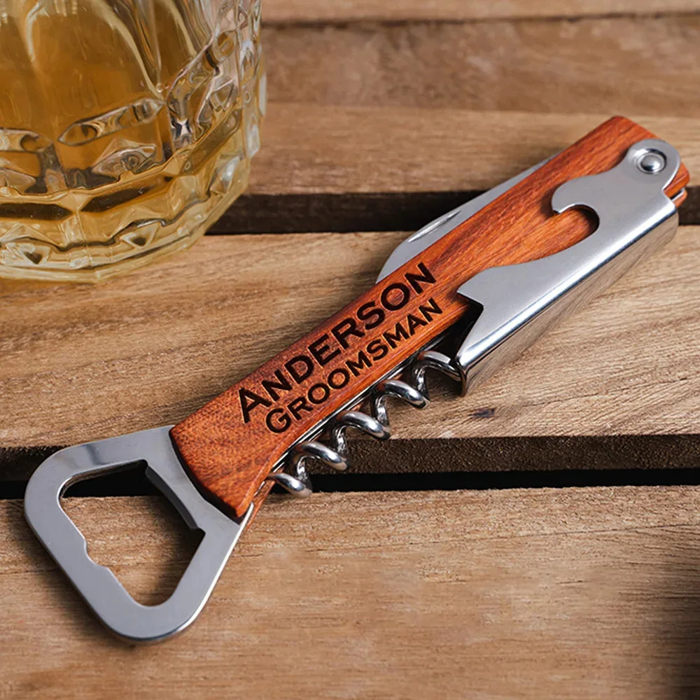 Korkenzieher-Weinöffner mit personalisiertem Logo und Holzgriff als Hochzeitsgeschenk, Bierflaschenöffner mit individuellem Markenlogo Image