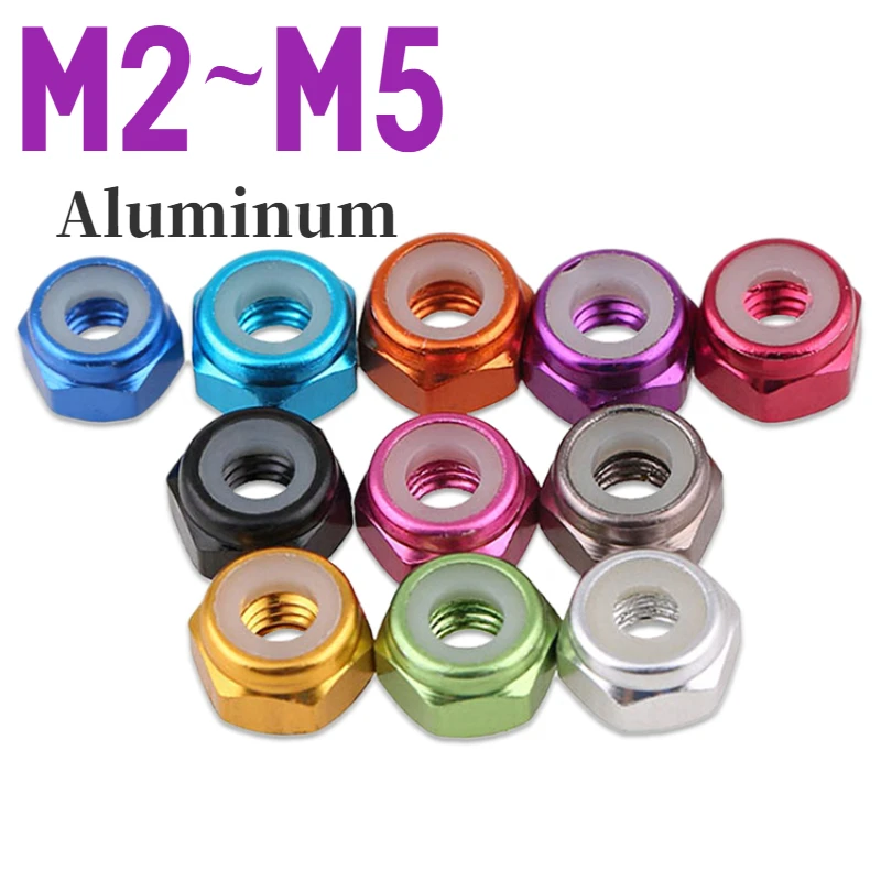 M2 M3 M4 M5 Bunte verriegelbare Sechskantmutter aus eloxierter Aluminiumlegierung, Nylon-Sechskant-Einsatz, Sicherungsmutter, selbstsichernde Mutter Image