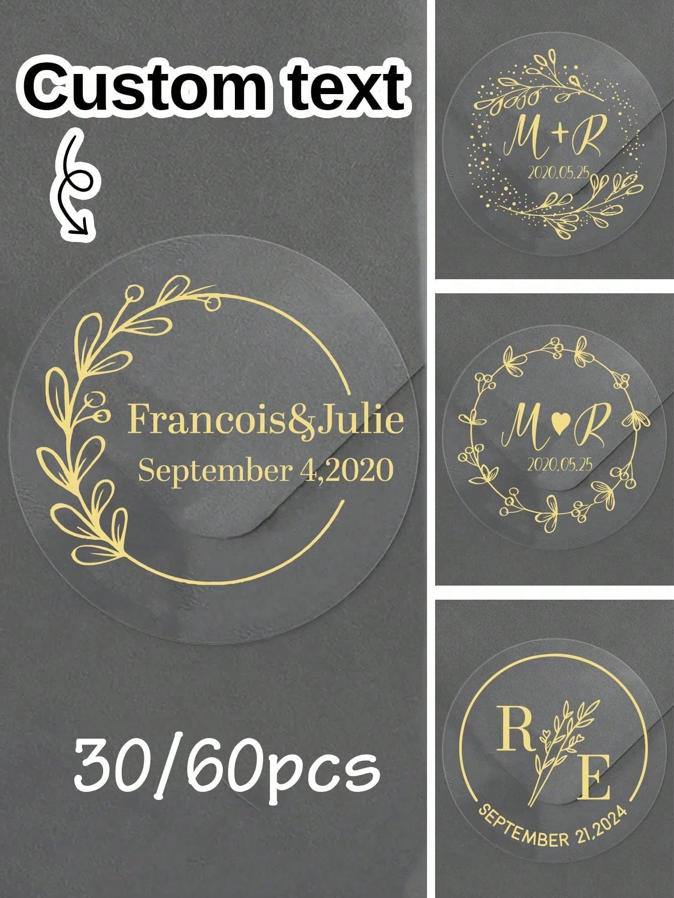 Benutzerdefinierte Hochzeitsaufkleber, 30–240 Stück, personalisierte transparente Blattgold-Etiketten für Einladungen und Gefälligkeiten, multifunktional und wiederverwendbar Image