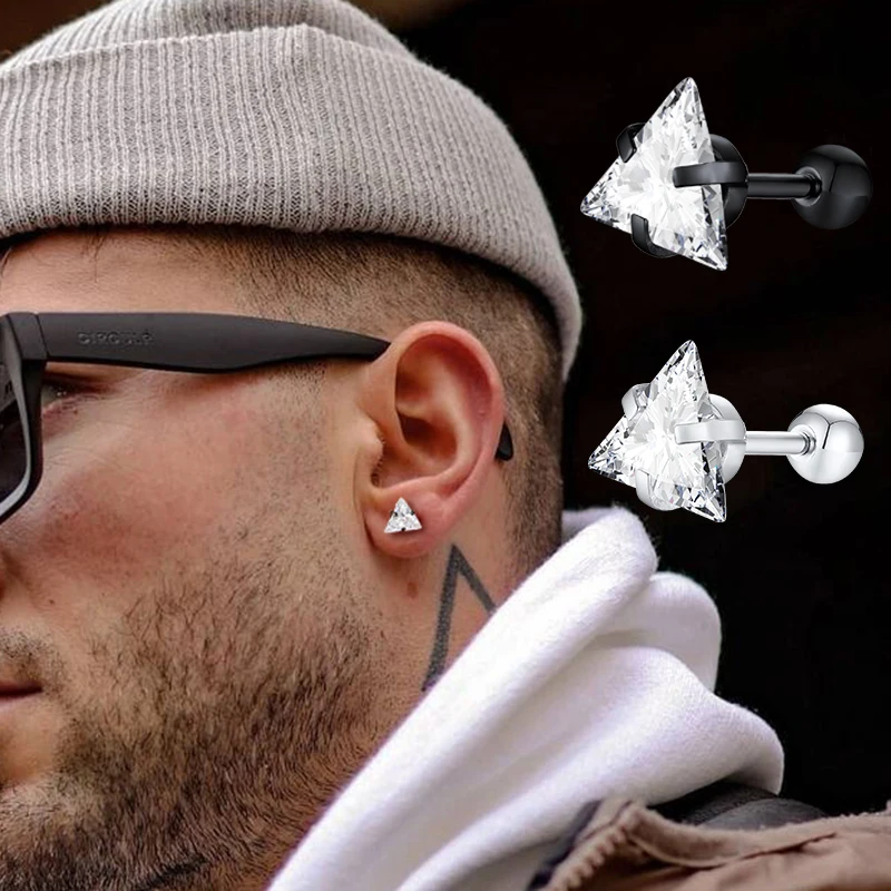 Ohrstecker für Herren, dreieckige durchbohrte Kristall-Zirkon-Ohrstecker, geometrische minimalistische Ohrstecker aus Edelstahl für Herrenschmuck Image
