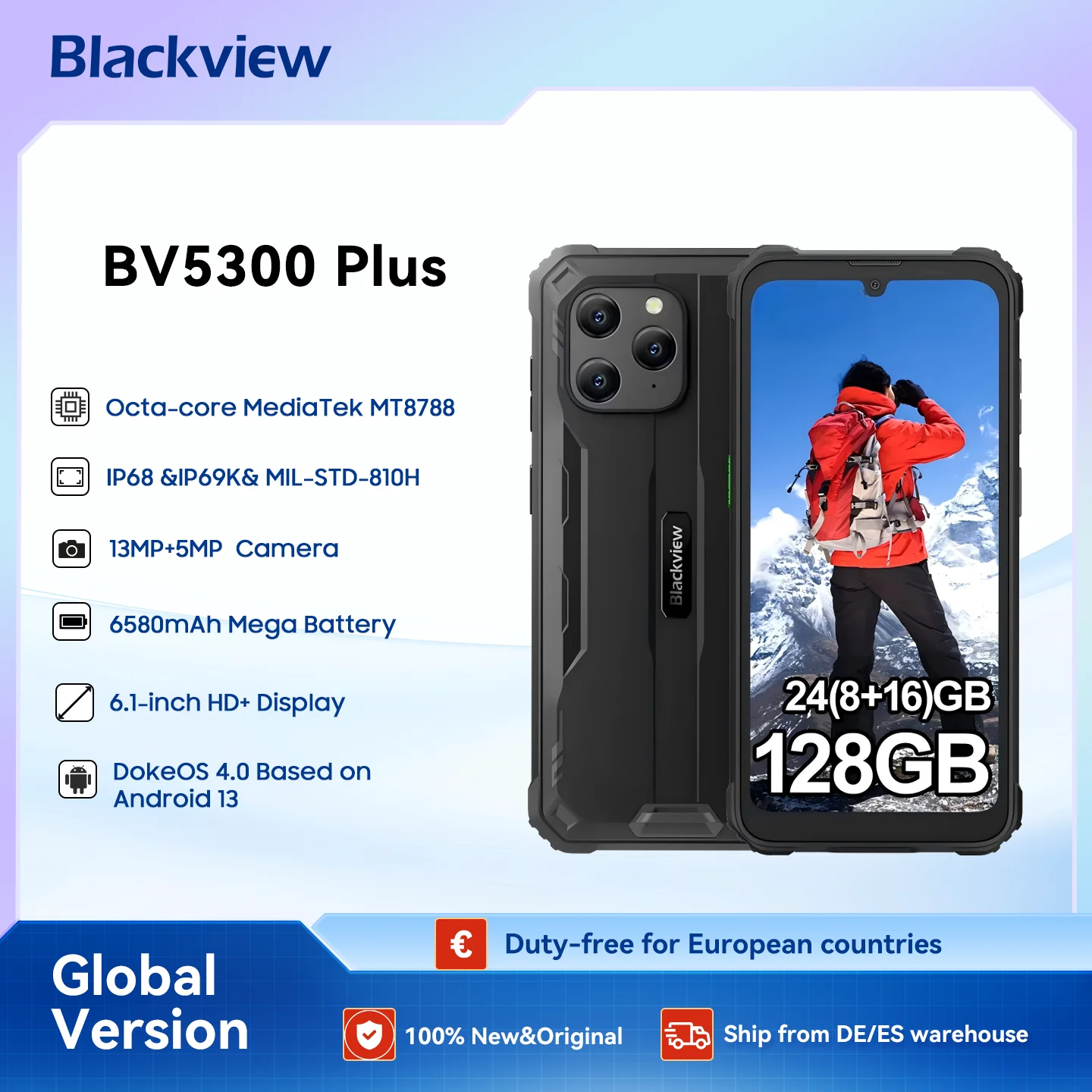 Blackview BV5300 Plus Robustes Smartphone Android 13 Octa-Core G72 6,1'' HD-Display 8 GB 128 GB Mobiltelefon 13 MP 6580 mAh Mobiltelefon Image