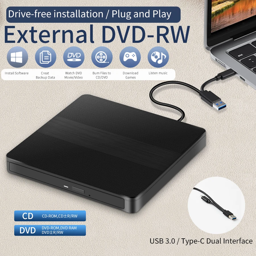 2-in-1 USB 3.0 Typ C Externer DVD RW CD-Brenner Slim Drive Brenner Reader Player Optische Laufwerke für Laptop PC Tragbarer DVD-Brenner Image