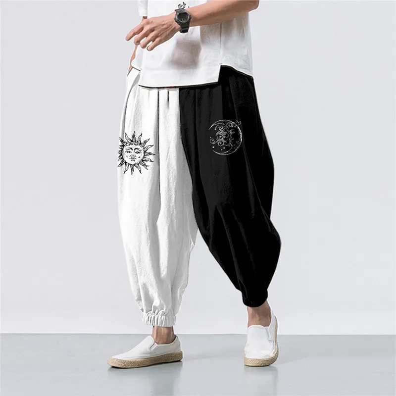 Oversize 6XL Weiß Schwarz Sonne Mond Spleißen Gedruckt Casual Strand Harem Hosen Männer Hip Hop Neun Punkte Hosen Jogger Jogginghose