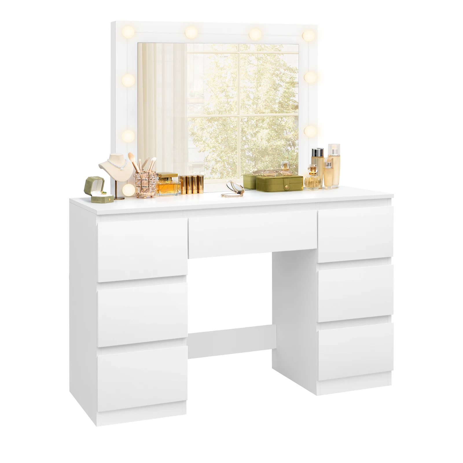 WOLTU 1 SET Schminktisch mit LED-Beleuchtung, einstellbare Helligkeit, Kosmetiktisch, großer Spiegel, 7 Schubladen für Schlafzimmer Image