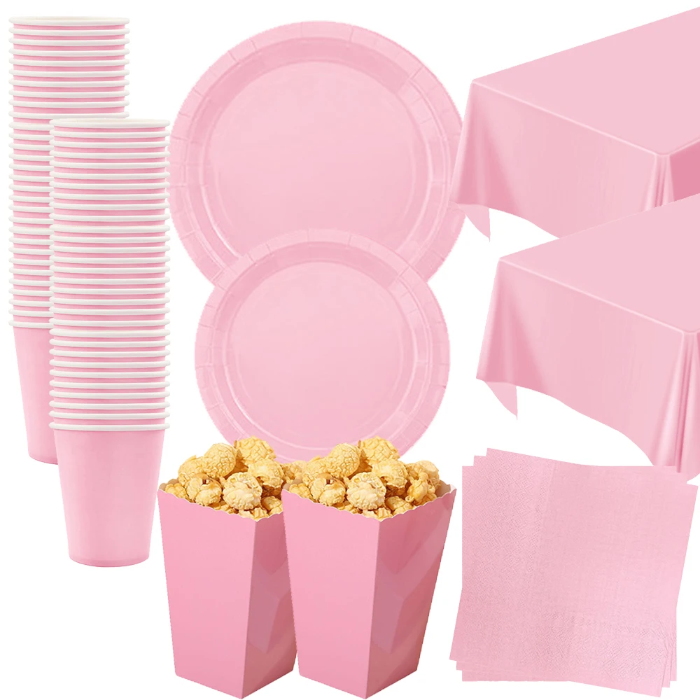 Rosa Partyzubehör Geschirr Pappteller Servietten Tassen Einfarbig Partyzubehör Geburtstag Babyparty Partydekorationen Image