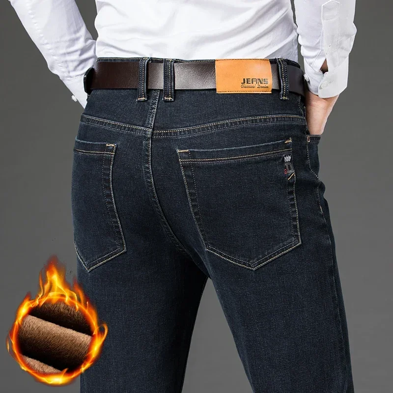 Winter Fleece männer Casual Jeans Stretch Mode Baumwolle Dicken Plüsch Warme Denim Hosen Männliche Marke Hosen Plus Größe 42 44 46
