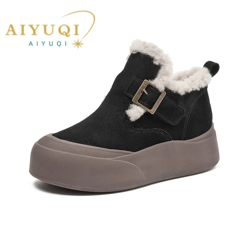 AIYUQI 2026 Neue Damen-Schneestiefel Flache Echtleder-Winterstiefel für Damen Große Größen Modische Kurze Damenstiefel