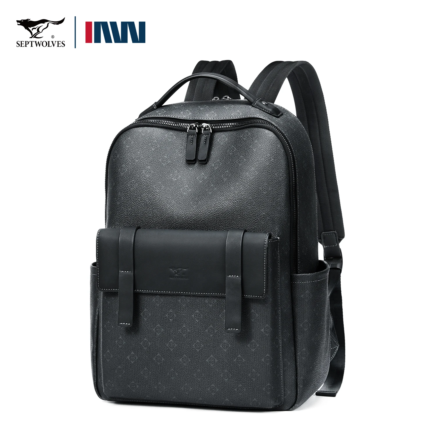 Septwolves Luxus-Lederrucksack für Herren, Monogramm-bedruckt, stilvoller Laptop-Rucksack, 15-Zoll-Reisetasche, schwarzer Business-Rucksack