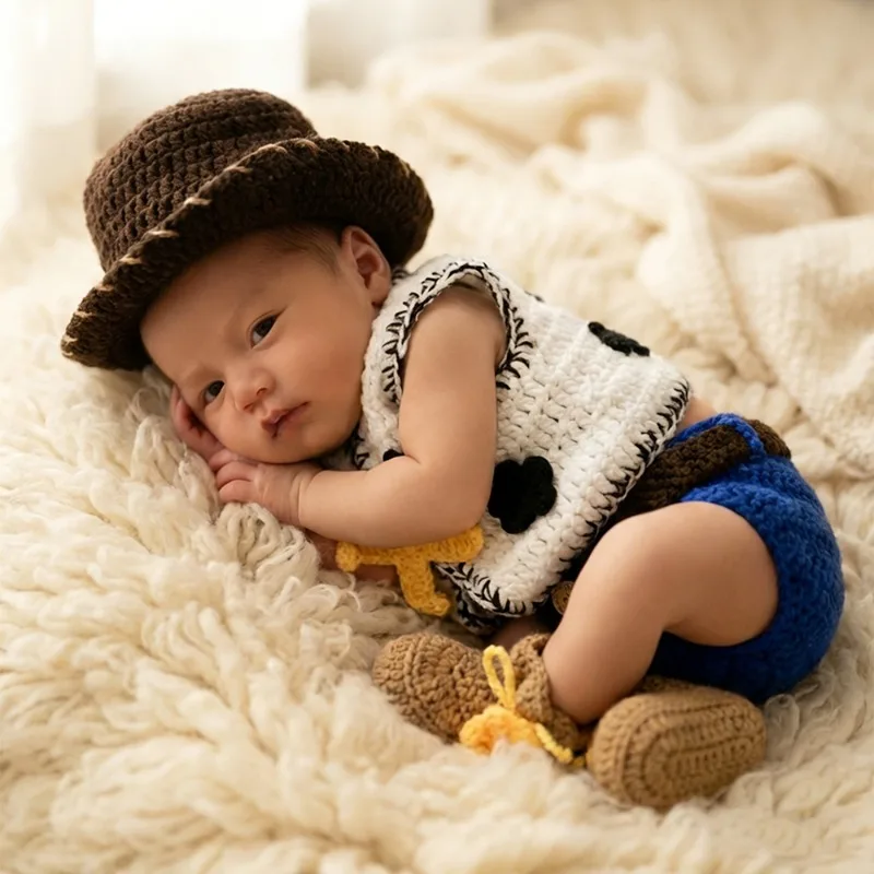 Neugeborenen-Fotografie-Requisiten Baby Jungen Häkelkleidung Western Cowboy Sheriff Hut Weste Set Säuglings-Fotoshooting Outfit Zubehör Image