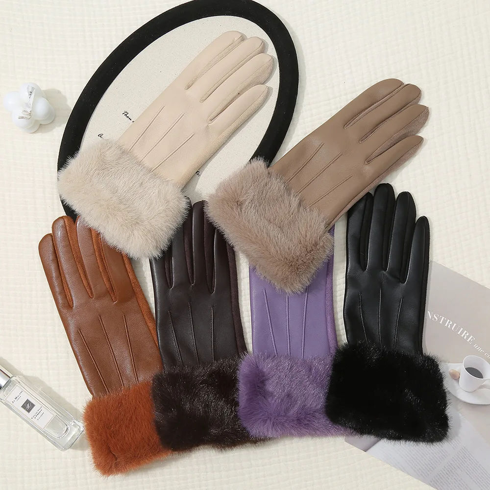 Neue Leder Modische Weiche Handschuhe für Frauen Künstliche Pelz Manschetten Winter Warme Touchscreen Handschuhe Elegante Wasserdichte Handschuhe