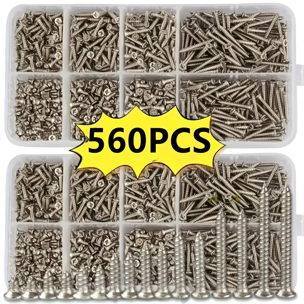 Schrauben-Set mit 560 Selbstschneidenden Holzschrauben - Enthält 8 Verschiedene Größen von M2 Flachkopf-Metallschrauben Klassifizierungs-Kit Image