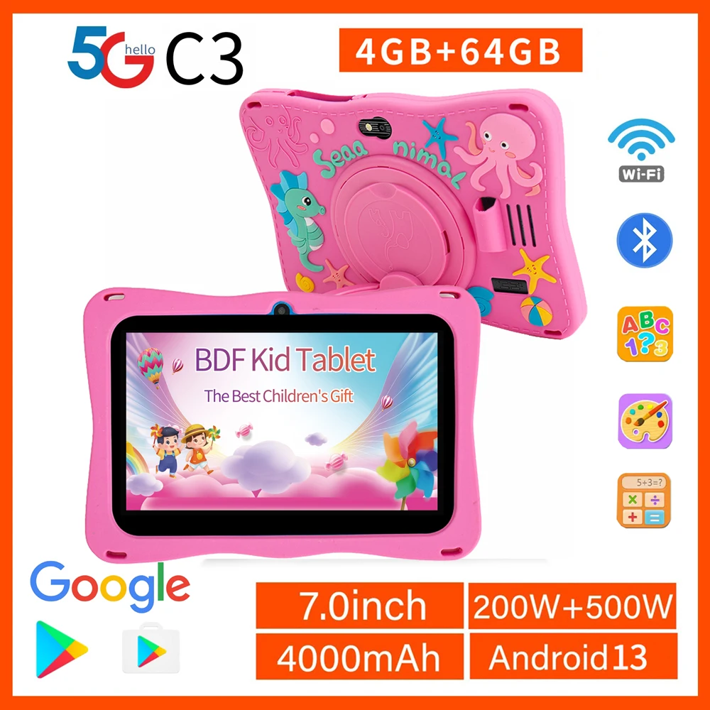 Neues Kinder-Tablet, 7 Zoll, Quad-Core, Android, 4 GB/64 GB, Google Play, WiFi, Bluetooth, günstig und einfach, Lieblingsgeschenk für Kinder, Tablet-PC Image