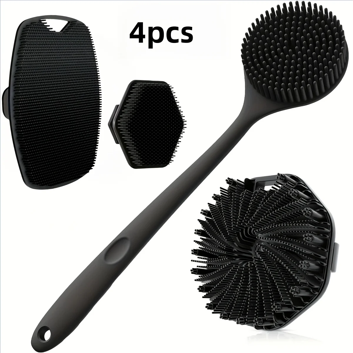 1-4-teiliges Badebürsten-Set. Weiche Silikon-Badebürste mit rutschfestem Griff, leicht zu reinigen und zu spülen, perfekt für den Einsatz im Bad. Image