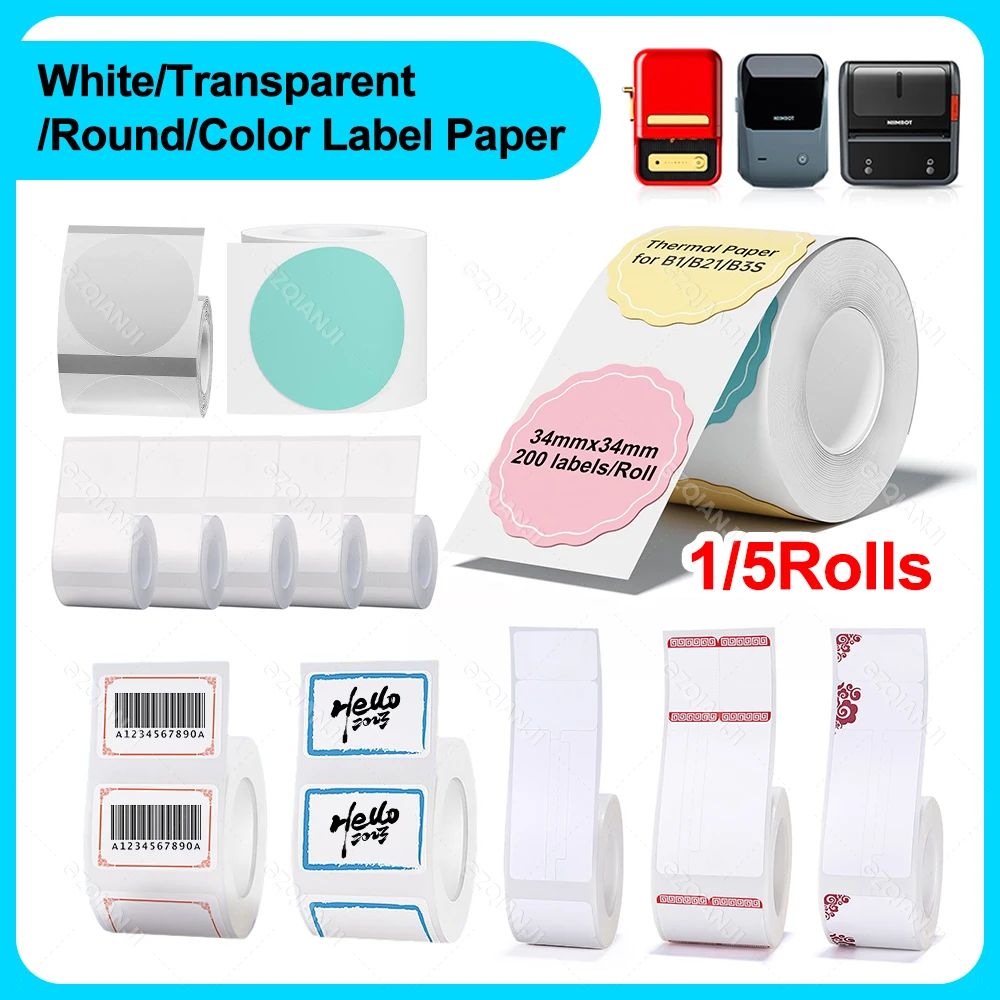 Niimbot B21 B1 selbstklebender Wgite-Farbaufkleber, transparentes Thermo-Etikettenpapier, 1–5 Rolle für Etikettendrucker, Schmuck, Preisschild B3S Image