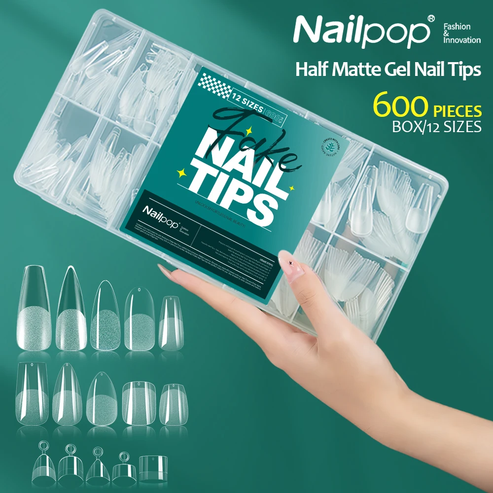 NAILPOP Soft Gel Nail Tips 600PCS Pre-Buff Full Cover Sarg Mandel Oval Shaped Nail Extensison Tips Half Matte Gel X Fake Nails Image
