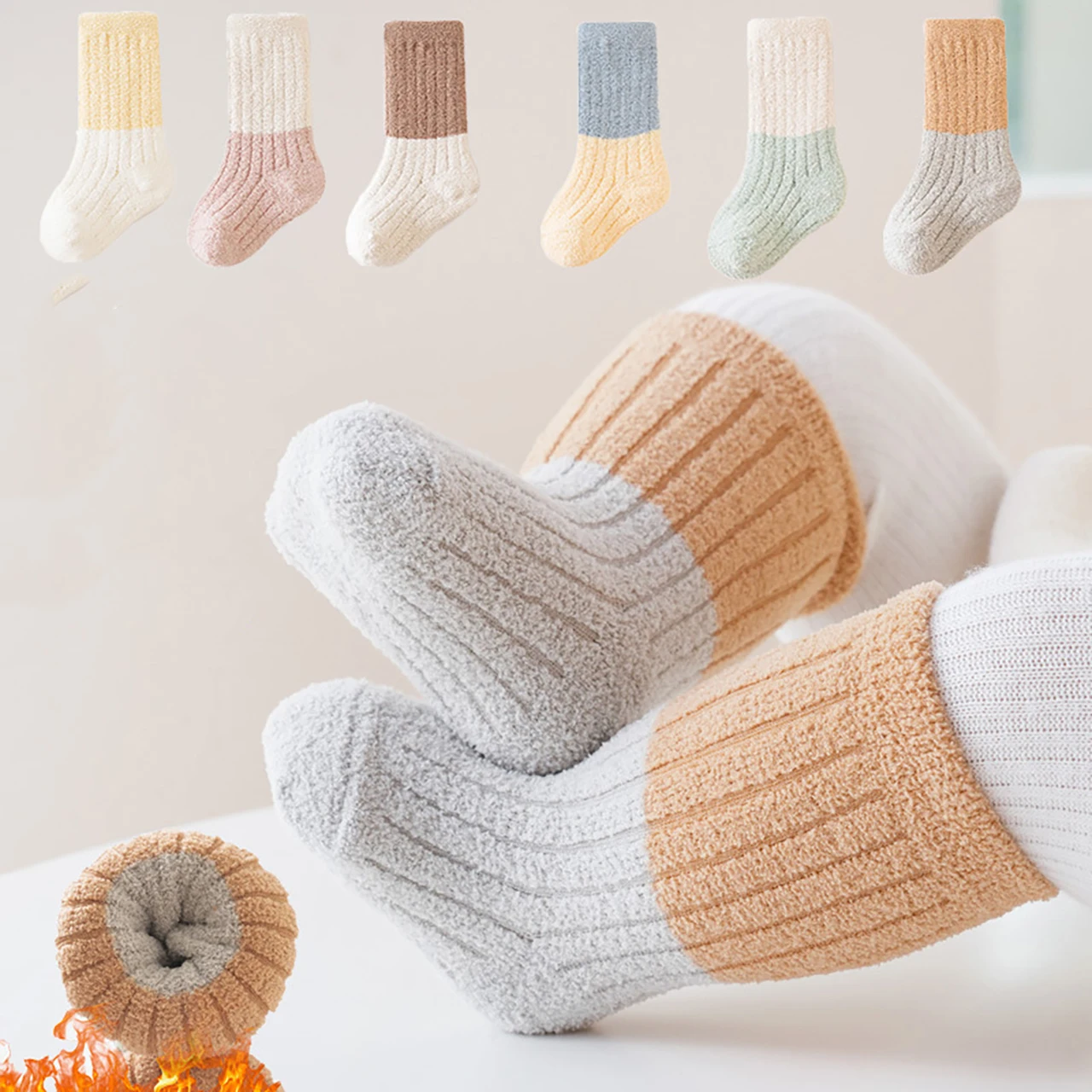 3 Paar Korallensamtsocken für Kinder, Thermoschuhe, Farbblockierung, lockerer Mund, mittlere Röhrensocke, 0–3 Jahre, Winter, warme Babysocken Image