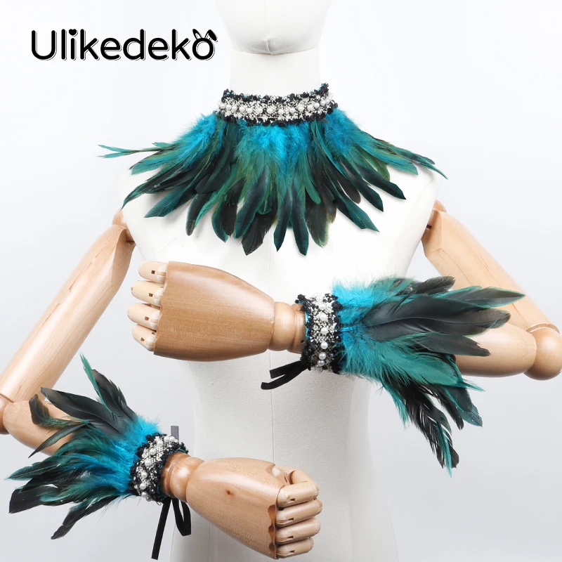 Viktorianischen Feder Manschetten Gefälschte Kragen Frauen Feder Manschetten und Kragen Steampunk Gothic Zubehör Armbänder Party veren kraag Image
