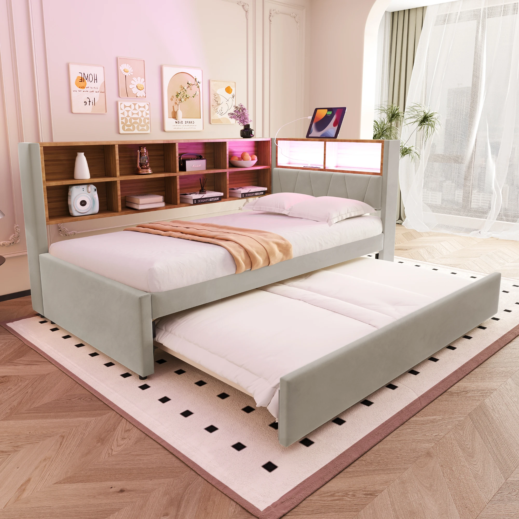 Rosahqnda Schlafsofa Ausziehbett, ausgestattet mit LED Leuchten, Steckdosen und vielen Ablagefächern, Multifunktionsschlafsofa Image