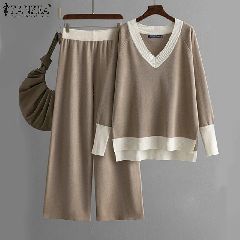 Plus Größe Hose Sets ZANZEA Frauen Herbst Gestrickte Mode Colorblock Outfits Zwei Stück Anzüge Beiläufige Lose Hose Sets Vintage 2PCS Image