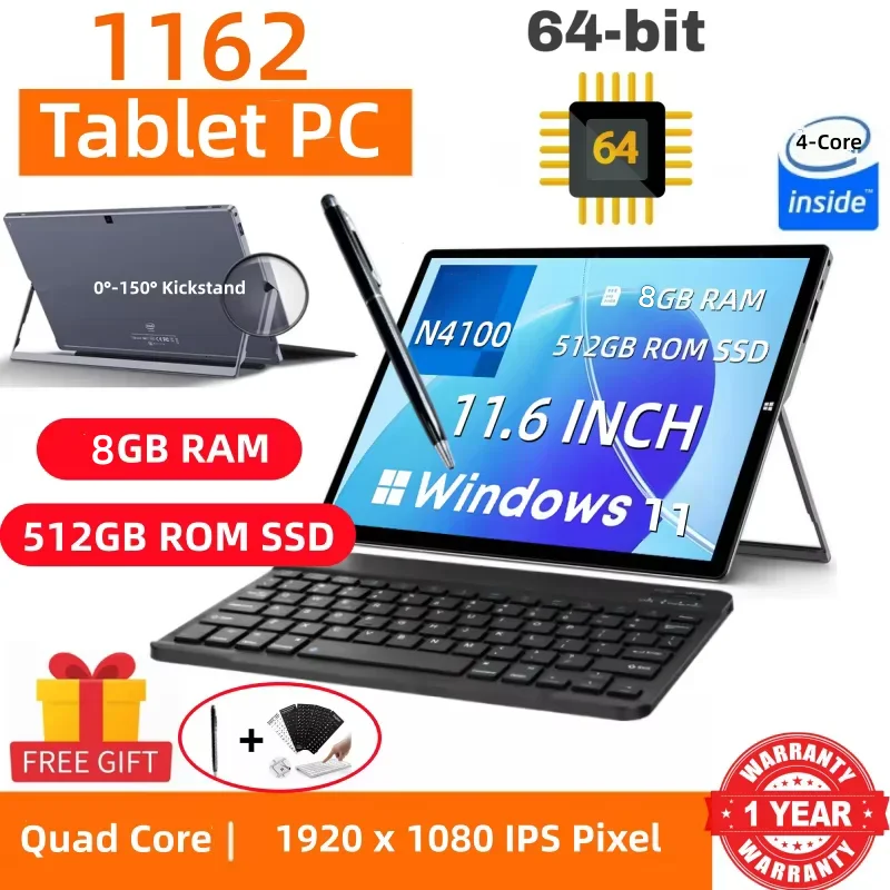 8GB RAM 512GB SSD ROM 11,6 Zoll Windows 11 Tablet-PC 64-Bit Intel Celeron Prozessor N4100 1920 x 1080 Pixel 2 x USB 3.0 Typ-C Anschluss Image