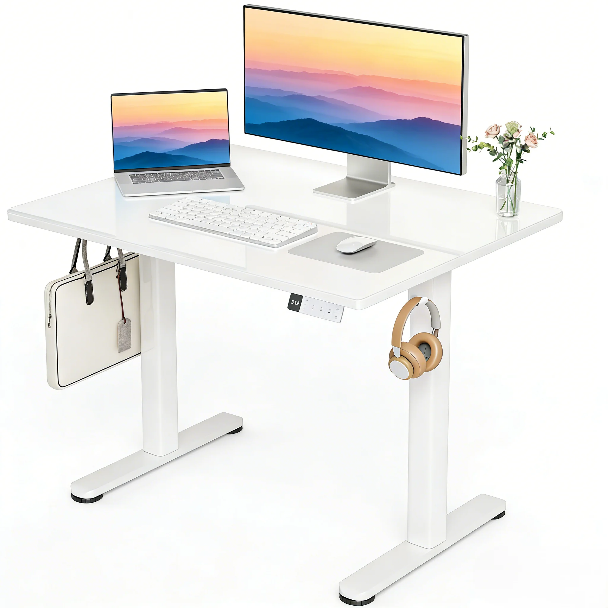 Claiks Höhenverstellbarer Schreibtisch mit Glasplatte Elektrisch verstellbar Homeoffice Büromöbel