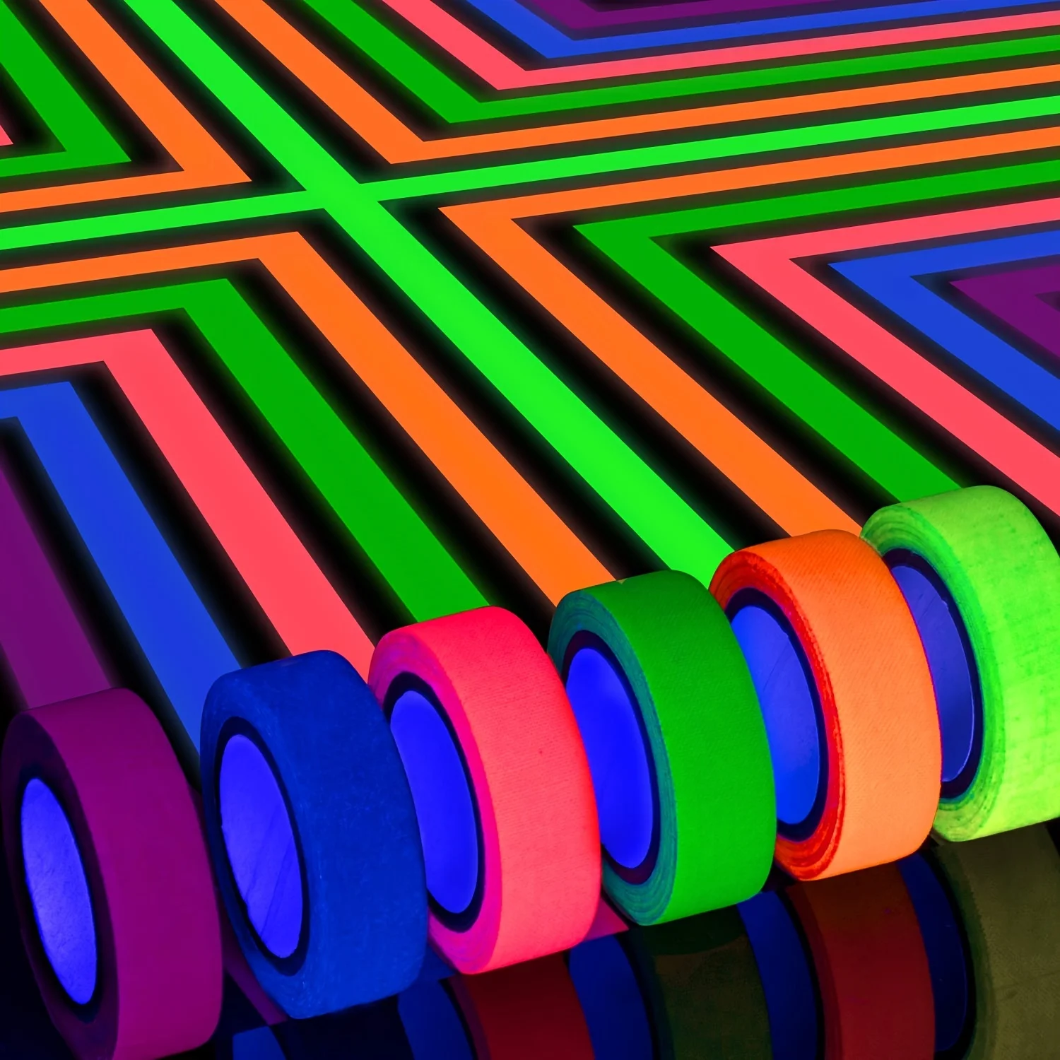 6-Rollen Neon Gaffer-Stoffband, fluoreszierendes UV-Schwarzlicht, im Dunkeln leuchtendes Klebeband für UV-Party-Material, Handkonto-Klebeband, Geschenkpackung Image