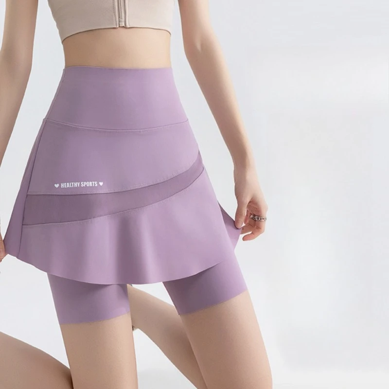 Gefälschte zwei kurze Rockhose mit Sommertaschen, Schritt-Halbrock für Frauen, hohe Taille, übergroße, schnell trocknende Sport-Yogahose Image