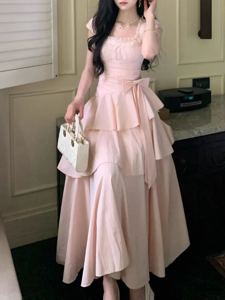 Rosa Quadrat Kragen Koreanischen Stil Langes Kleid Frauen Japan Stil Süße Elegante Fee Kleid Weibliche Mode Sommer Casual Party Kleid