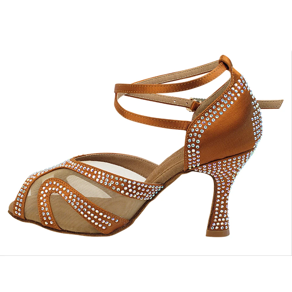 Evkoodance Damen Sexy Braune Strass Latin Dance Schuhe Satin Mesh 7cm Absatz Salsa Ballsaal Tango Praxis Tanzen Party Schuhe