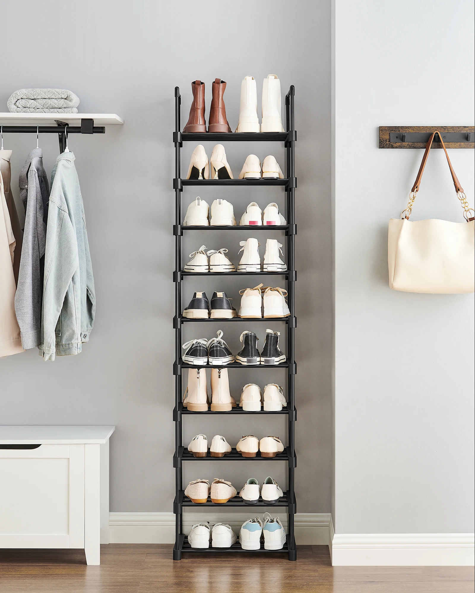 SONGMICS Schuhregal mit 10 Ebenen, offener Schuhschrank hoch, Schuhständer schmal, Schuhaufbewahrung, aus Metall, platzsparend