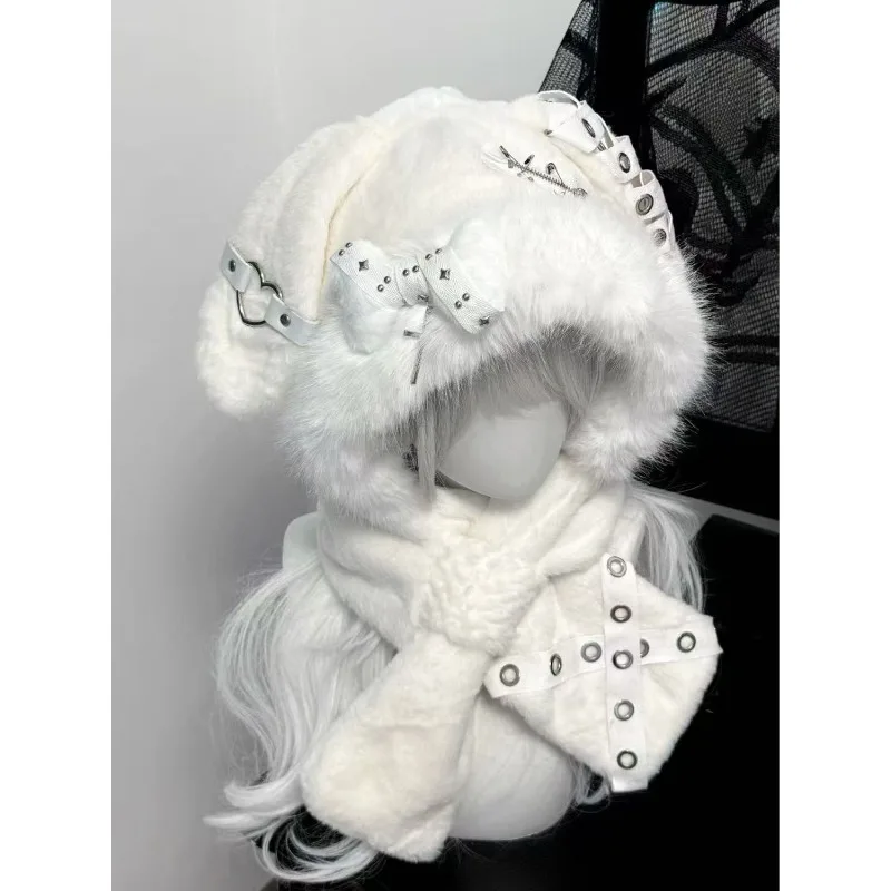 Süße flauschige japanische Harajuku Y2K Mädchen Spitzenmütze Gothic Kaninchenohr Winter warme gestrickte flauschige Knochenmütze warm halten Schal Beanie Mütze Image