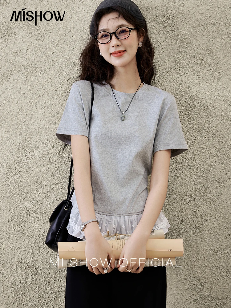 MISHOW Spitzen-Saum-Spleiß-T-Shirt für Damen, Frühling/Sommer 2025, Rundhalsausschnitt, vielseitiges Top, Streetwear, solide, lässige T-Shirts MXE31T0528 Image