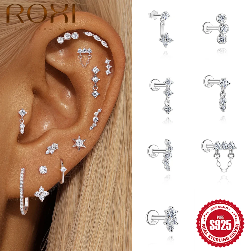 ROXI Moissanit-Ohrringe aus 925er Sterlingsilber für Damen, Sternkette, Quaste, flacher Rücken, Piercing-Ohrstecker, Helix-Schmuck, Geburtstagsgeschenk für Sie Image