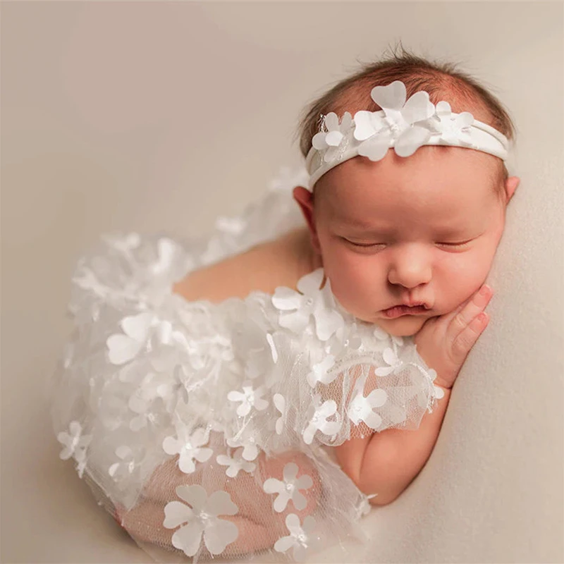Ylsteed 2-teiliges Set für Neugeborene, Mädchen, Fotografie-Outfits, Stickerei, Blumen-Strampler mit Stirnband, Baby-Fotoshooting-Kleidung Image