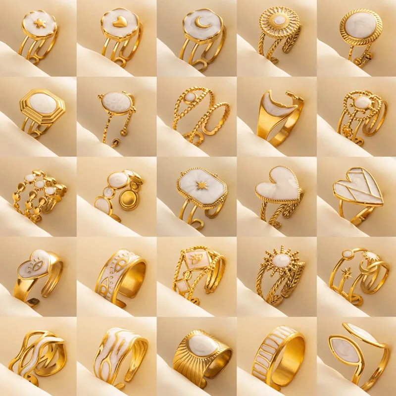 White Drip Oil Echt vergoldet Stern Herz Auge Ring offen verstellbar Vintage Edelstahl Ringe für Frauen Männer Schmuck Geburtstag Image