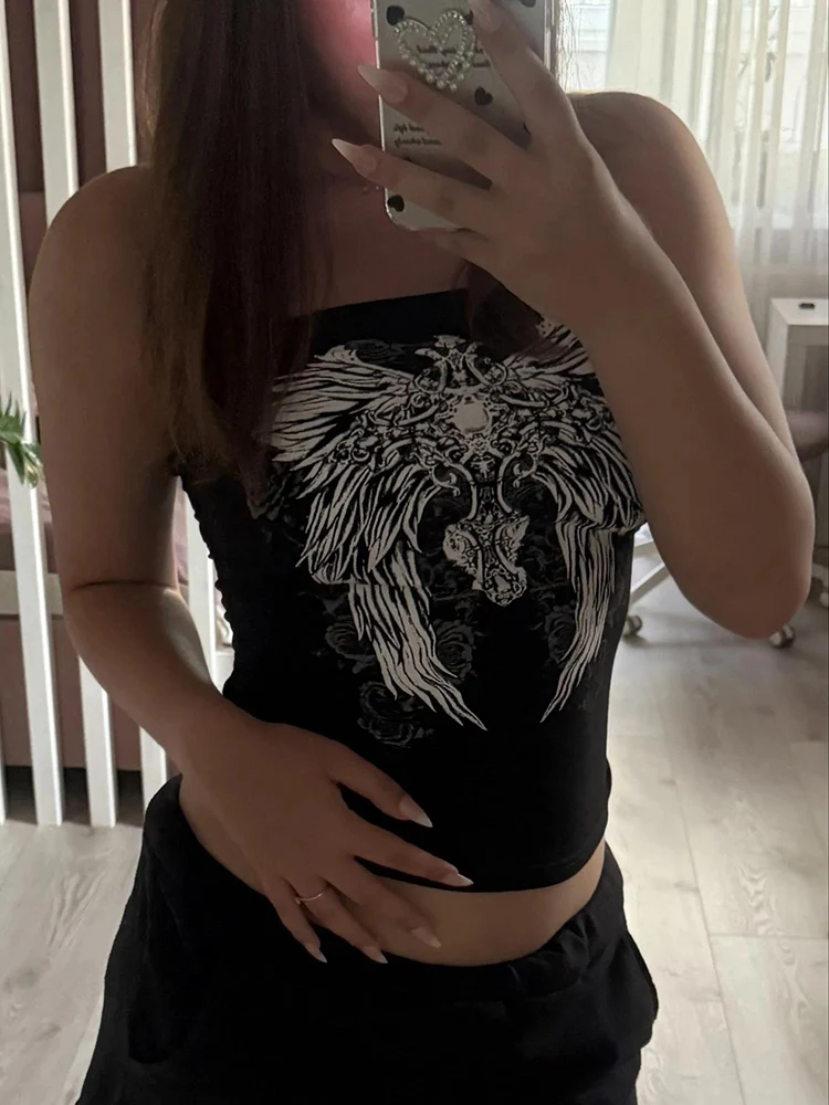 Gothic Print Schwarz Rohr Top Frauen Liebsten Dünne Cropped Tops Sommer Casual Chic Graphic Tees y2k Streetwear Weste Grundlegende Image