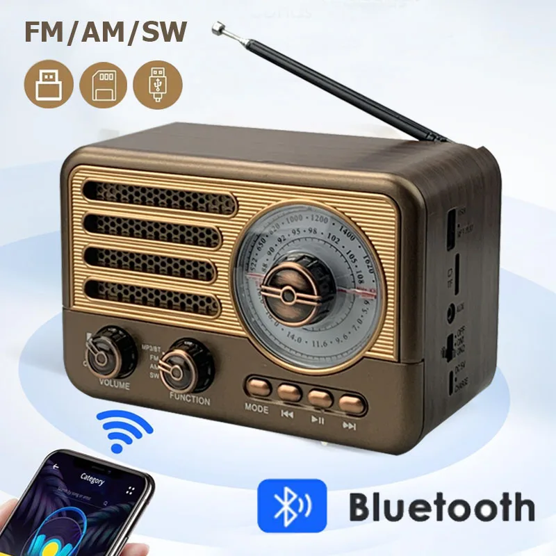  Retro Vintage Radio Tragbarer Bluetooth-Lautsprecher Vollbandradio AM FM SW Transistor mit LED-Flashlight Unterstützung AUX TF-Karte USB Image