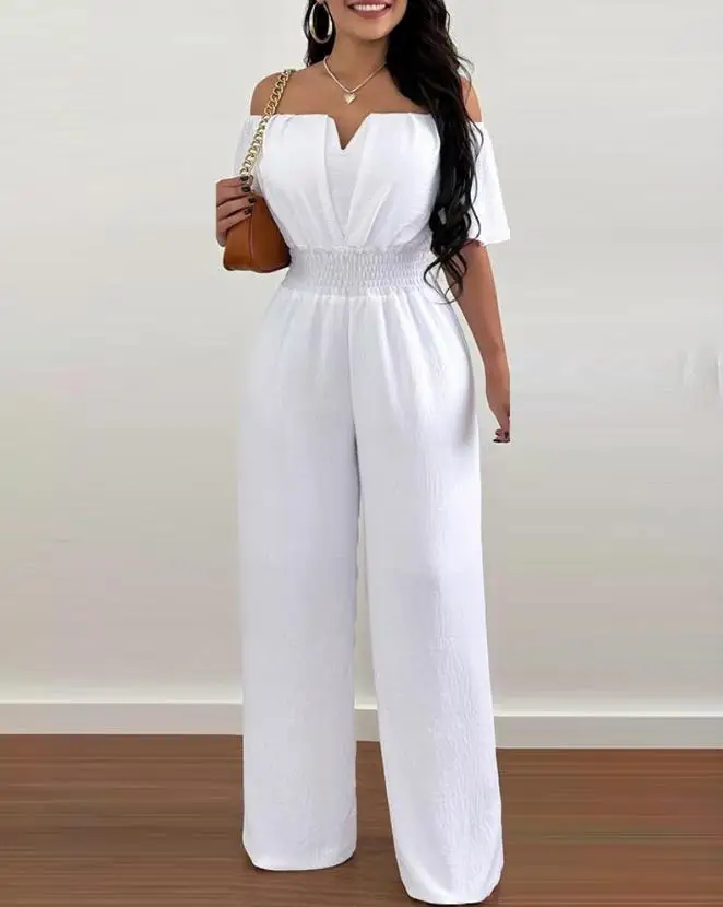 Overalls für Damen 2025, Frühlingsmode, schulterfrei, lässig, einfarbig, kurzärmelig, geraffte Taille, täglicher Overall mit langem, weitem Bein, 2025 Image