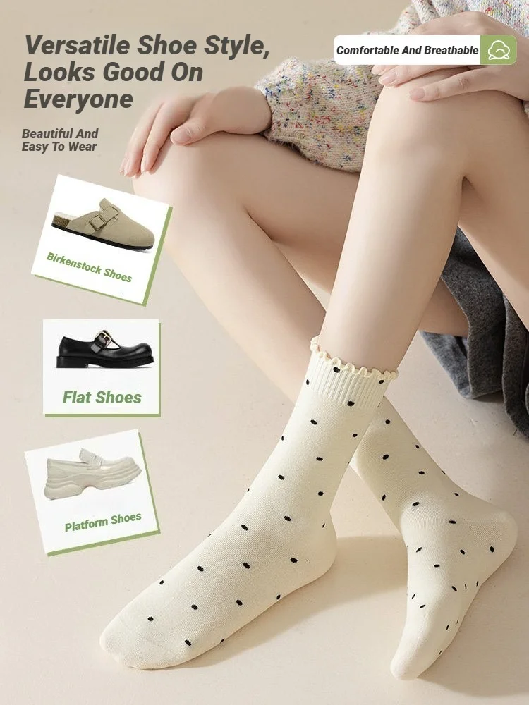 Damen-Socken mit gewelltem Rand und runden Punkten, mittellange Socken, Sommer, dünnes Design, schweißabsorbierend, atmungsaktiv, Ballett-Stil, lange Damen-Rüschen-Baumwollsocken Image