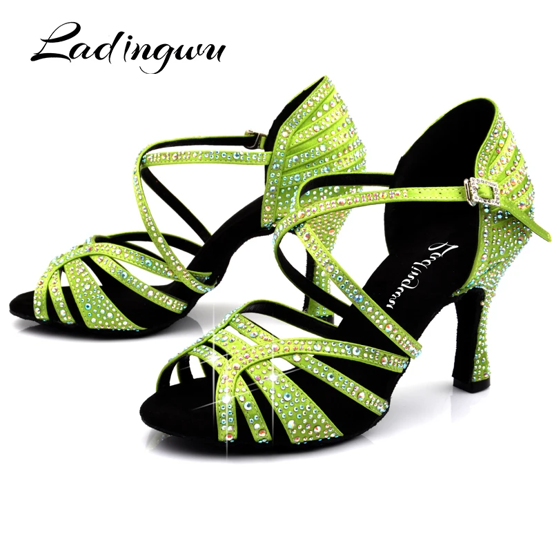 Ladingwu Hellgrün Satin Latin Dance Schuhe Frauen Beruf Salsa Tanz Schuhe Frauen Ballroom Dance Sandalen Strass Schuhe