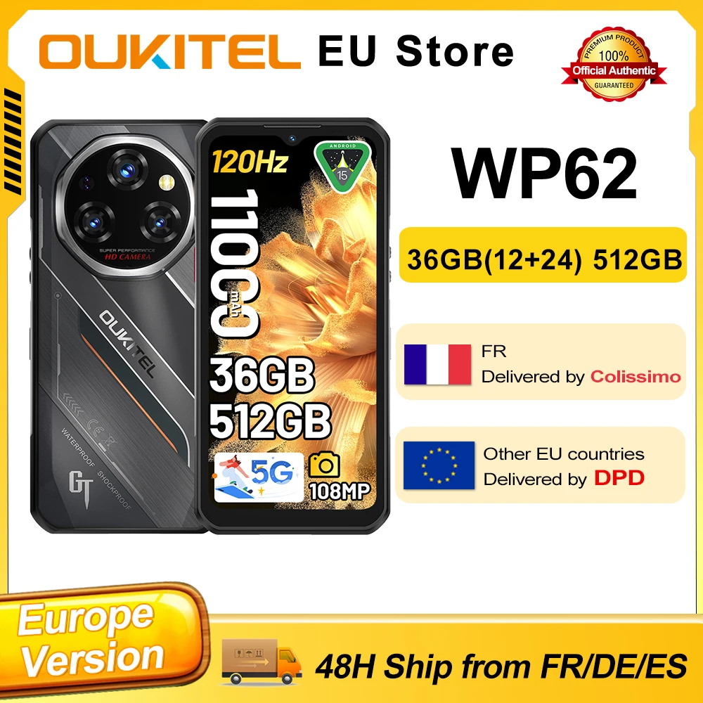 OUKITEL WP62 Robustes Android 15 Smartphone, 36 GB (12 + 24 GB) RAM, 512 GB ROM, 6,6 Zoll FHD+ Display, 108 MP Kamera, 11000 mAh Akku, 33 W NFC Image